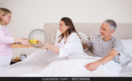 To use this stock image in your creative project, please select the size you need over to the right and click the "Add to Cart" button.
Your downloaded image will come with the Cutcaster watermark removed so don’t worry about the watermark you see on this page. Girl serving breakfast to her parents stock photo, Girl serving breakfast to her parents in their bedroom by Wavebreak Media