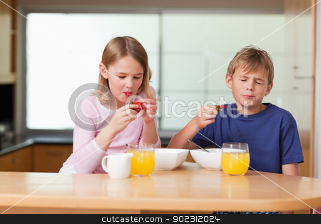 To use this stock image in your creative project, please select the size you need over to the right and click the "Add to Cart" button.
Your downloaded image will come with the Cutcaster watermark removed so don’t worry about the watermark you see on this page. Siblings eating strawberries for breakfast stock photo, Siblings eating strawberries for breakfast in a kitchen by Wavebreak Media