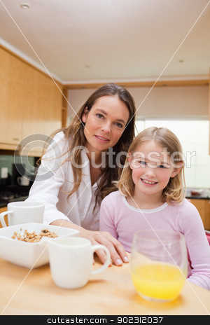 To use this stock image in your creative project, please select the size you need over to the right and click the "Add to Cart" button.
Your downloaded image will come with the Cutcaster watermark removed so don’t worry about the watermark you see on this page. Portrait of a happy mother and her daughter having breakfast stock photo, Portrait of a happy mother and her daughter having breakfast in a kitchen by Wavebreak Media