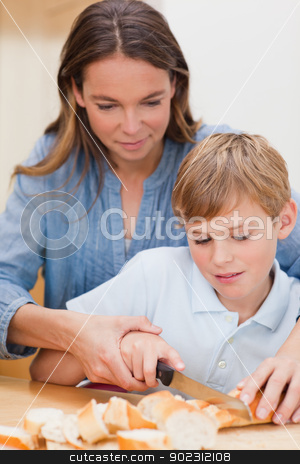 To use this stock image in your creative project, please select the size you need over to the right and click the "Add to Cart" button.
Your downloaded image will come with the Cutcaster watermark removed so don’t worry about the watermark you see on this page. Portrait of a woman slicing bread with her son stock photo, Portrait of a woman slicing bread with her son in a kitchen by Wavebreak Media