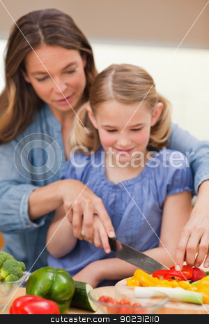 To use this stock image in your creative project, please select the size you need over to the right and click the "Add to Cart" button.
Your downloaded image will come with the Cutcaster watermark removed so don’t worry about the watermark you see on this page. Portrait of a mother slicing pepper with her daughter stock photo, Portrait of a mother slicing pepper with her daughter in a kitchen by Wavebreak Media