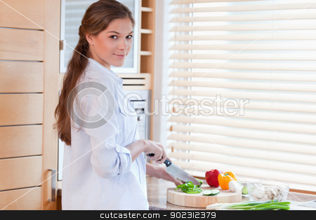 To use this stock image in your creative project, please select the size you need over to the right and click the "Add to Cart" button.
Your downloaded image will come with the Cutcaster watermark removed so don’t worry about the watermark you see on this page. Woman slicing a pepper stock photo, Woman slicing a pepper in her kitchen by Wavebreak Media