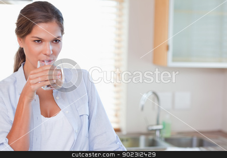To use this stock image in your creative project, please select the size you need over to the right and click the "Add to Cart" button.
Your downloaded image will come with the Cutcaster watermark removed so don’t worry about the watermark you see on this page. Beautiful woman drinking a glass of water stock photo, Beautiful woman drinking a glass of water in her kitchen by Wavebreak Media