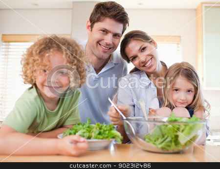 To use this stock image in your creative project, please select the size you need over to the right and click the "Add to Cart" button.
Your downloaded image will come with the Cutcaster watermark removed so don’t worry about the watermark you see on this page. Smiling family preparing a salad together stock photo, Smiling family preparing a salad together in their kitchen by Wavebreak Media