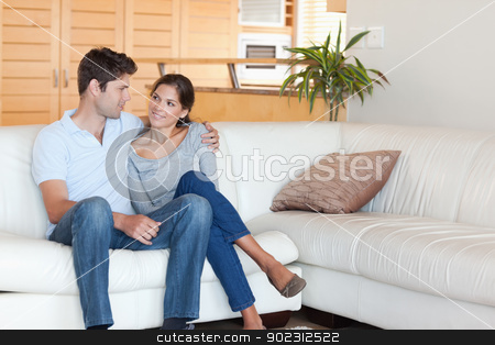 To use this stock image in your creative project, please select the size you need over to the right and click the "Add to Cart" button.
Your downloaded image will come with the Cutcaster watermark removed so don’t worry about the watermark you see on this page. Smiling couple sitting on a couch stock photo, Smiling couple sitting on a couch while looking at each other by Wavebreak Media
