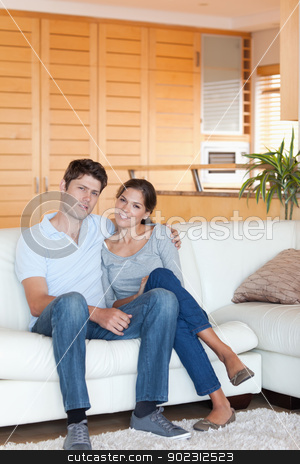 To use this stock image in your creative project, please select the size you need over to the right and click the "Add to Cart" button.
Your downloaded image will come with the Cutcaster watermark removed so don’t worry about the watermark you see on this page. Portrait of a couple sitting on a couch stock photo, Portrait of a couple sitting on a couch while looking at the camera by Wavebreak Media