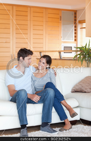 To use this stock image in your creative project, please select the size you need over to the right and click the "Add to Cart" button.
Your downloaded image will come with the Cutcaster watermark removed so don’t worry about the watermark you see on this page. Portrait of a couple sitting on a sofa stock photo, Portrait of a couple sitting on a sofa while looking at each other by Wavebreak Media