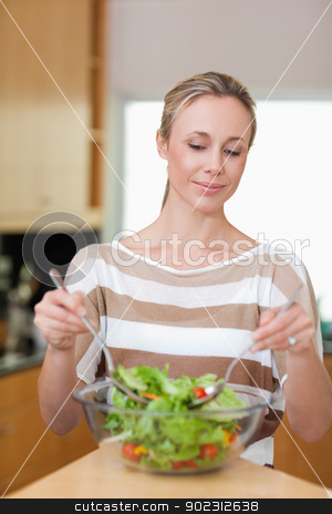 To use this stock image in your creative project, please select the size you need over to the right and click the "Add to Cart" button.
Your downloaded image will come with the Cutcaster watermark removed so don’t worry about the watermark you see on this page. Woman preparing salad stock photo, Woman preparing her salad by Wavebreak Media