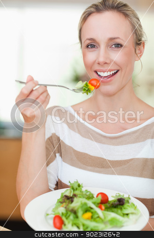 To use this stock image in your creative project, please select the size you need over to the right and click the "Add to Cart" button.
Your downloaded image will come with the Cutcaster watermark removed so don’t worry about the watermark you see on this page. Woman eating some salad stock photo, Smiling woman eating some salad by Wavebreak Media