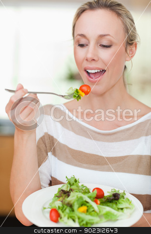 To use this stock image in your creative project, please select the size you need over to the right and click the "Add to Cart" button.
Your downloaded image will come with the Cutcaster watermark removed so don’t worry about the watermark you see on this page. Woman about to eat some salad stock photo, Woman about to eat some healthy salad by Wavebreak Media
