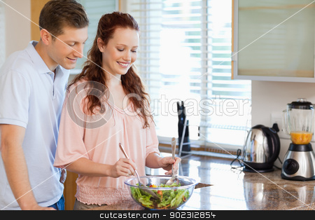 To use this stock image in your creative project, please select the size you need over to the right and click the "Add to Cart" button.
Your downloaded image will come with the Cutcaster watermark removed so don’t worry about the watermark you see on this page. Couple with bowl of salad in the kitchen stock photo, Couple with bowl of healthy salad in the kitchen by Wavebreak Media