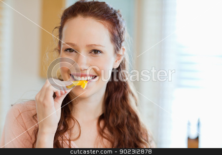 To use this stock image in your creative project, please select the size you need over to the right and click the "Add to Cart" button.
Your downloaded image will come with the Cutcaster watermark removed so don’t worry about the watermark you see on this page. Woman about to bite into bell pepper stock photo, Woman about to bite into yellow bell pepper by Wavebreak Media