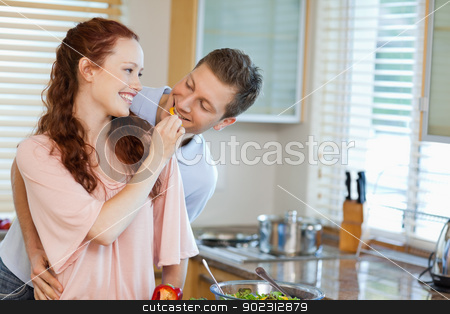 To use this stock image in your creative project, please select the size you need over to the right and click the "Add to Cart" button.
Your downloaded image will come with the Cutcaster watermark removed so don’t worry about the watermark you see on this page. Woman giving her boyfriend some bell pepper stock photo, Young woman giving her boyfriend some bell pepper by Wavebreak Media