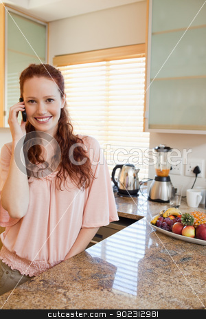 To use this stock image in your creative project, please select the size you need over to the right and click the "Add to Cart" button.
Your downloaded image will come with the Cutcaster watermark removed so don’t worry about the watermark you see on this page. Woman on the phone next to the kitchen counter stock photo, Smiling woman on the phone next to the kitchen counter by Wavebreak Media