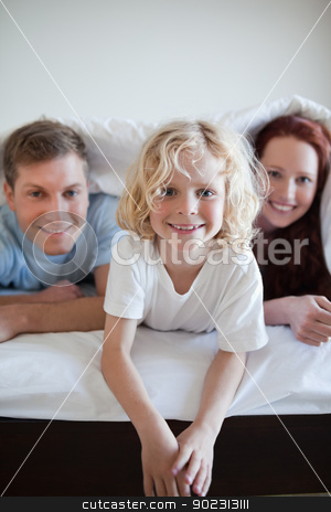 To use this stock image in your creative project, please select the size you need over to the right and click the "Add to Cart" button.
Your downloaded image will come with the Cutcaster watermark removed so don’t worry about the watermark you see on this page. Cheerful boy under the bed cover with his parents stock photo, Cheerful boy under the bed cover together with his parents by Wavebreak Media