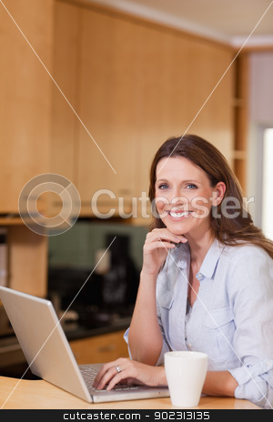 To use this stock image in your creative project, please select the size you need over to the right and click the "Add to Cart" button.
Your downloaded image will come with the Cutcaster watermark removed so don’t worry about the watermark you see on this page. Smiling woman with laptop in the kitchen stock photo, Happy smiling woman with laptop in the kitchen by Wavebreak Media