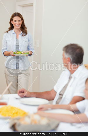 To use this stock image in your creative project, please select the size you need over to the right and click the "Add to Cart" button.
Your downloaded image will come with the Cutcaster watermark removed so don’t worry about the watermark you see on this page. Mother bringing salad to the dinner table stock photo, Smiling mother bringing salad to dinner table by Wavebreak Media