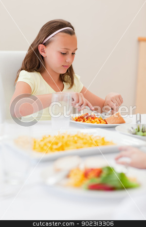 To use this stock image in your creative project, please select the size you need over to the right and click the "Add to Cart" button.
Your downloaded image will come with the Cutcaster watermark removed so don’t worry about the watermark you see on this page. Girl eating at dinner table stock photo, Girl eating at the dinner table by Wavebreak Media