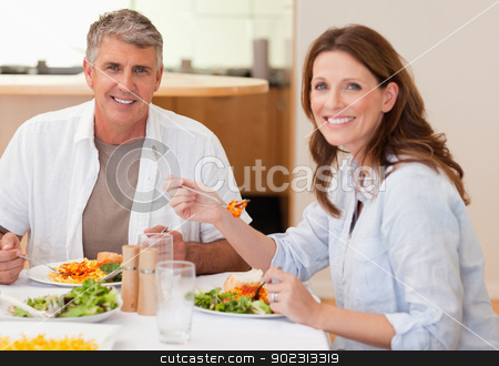 To use this stock image in your creative project, please select the size you need over to the right and click the "Add to Cart" button.
Your downloaded image will come with the Cutcaster watermark removed so don’t worry about the watermark you see on this page. Smiling couple eating dinner stock photo, Smiling couple eating dinner together by Wavebreak Media