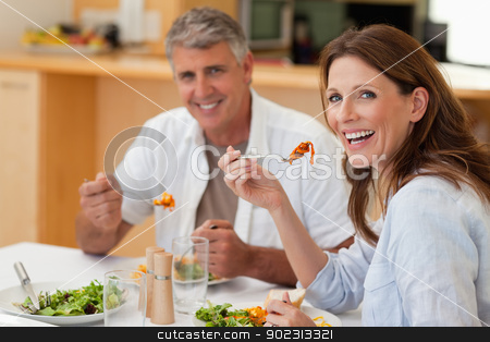 To use this stock image in your creative project, please select the size you need over to the right and click the "Add to Cart" button.
Your downloaded image will come with the Cutcaster watermark removed so don’t worry about the watermark you see on this page. Laughing couple eating dinner stock photo, Laughing couple eating dinner together by Wavebreak Media