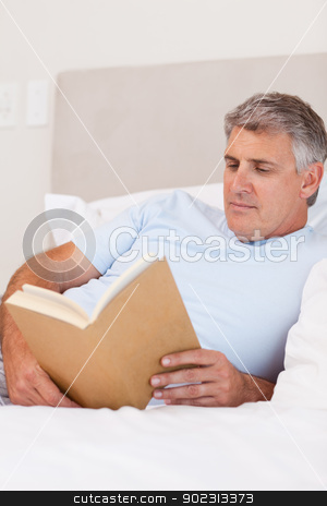 To use this stock image in your creative project, please select the size you need over to the right and click the "Add to Cart" button.
Your downloaded image will come with the Cutcaster watermark removed so don’t worry about the watermark you see on this page. Man reading book in bed stock photo, Man reading book in his bed by Wavebreak Media