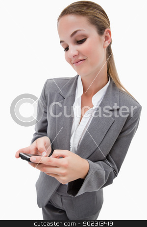 To use this stock image in your creative project, please select the size you need over to the right and click the "Add to Cart" button.
Your downloaded image will come with the Cutcaster watermark removed so don’t worry about the watermark you see on this page. Portrait of a businesswoman using a smartphone stock photo, Portrait of a businesswoman using a smartphone against a white background by Wavebreak Media