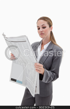 To use this stock image in your creative project, please select the size you need over to the right and click the "Add to Cart" button.
Your downloaded image will come with the Cutcaster watermark removed so don’t worry about the watermark you see on this page. Portrait of a businesswoman reading the news stock photo, Portrait of a businesswoman reading the news against a white background by Wavebreak Media