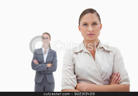 To use this stock image in your creative project, please select the size you need over to the right and click the "Add to Cart" button.
Your downloaded image will come with the Cutcaster watermark removed so don’t worry about the watermark you see on this page. Two businesswomen posing stock photo, Two businesswomen posing against a white background by Wavebreak Media
