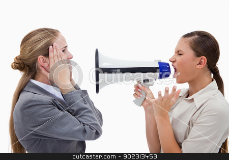 To use this stock image in your creative project, please select the size you need over to the right and click the "Add to Cart" button.
Your downloaded image will come with the Cutcaster watermark removed so don’t worry about the watermark you see on this page. Manager yelling at her employee through a megaphone stock photo, Manager yelling at her employee through a megaphone against a white background by Wavebreak Media