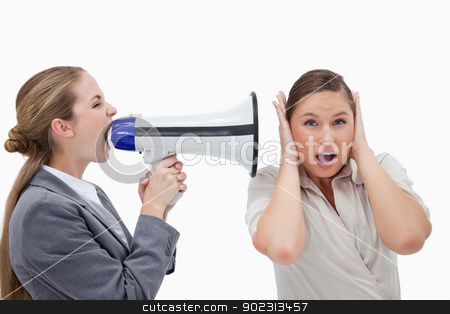To use this stock image in your creative project, please select the size you need over to the right and click the "Add to Cart" button.
Your downloaded image will come with the Cutcaster watermark removed so don’t worry about the watermark you see on this page. Businesswoman yelling at her coworker through a megaphone stock photo, Businesswoman yelling at her coworker through a megaphone against a white background by Wavebreak Media