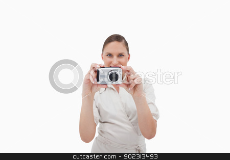 To use this stock image in your creative project, please select the size you need over to the right and click the "Add to Cart" button.
Your downloaded image will come with the Cutcaster watermark removed so don’t worry about the watermark you see on this page. Smiling businesswoman taking a picture stock photo, Smiling businesswoman taking a picture against a white background by Wavebreak Media