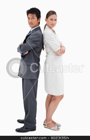 To use this stock image in your creative project, please select the size you need over to the right and click the "Add to Cart" button.
Your downloaded image will come with the Cutcaster watermark removed so don’t worry about the watermark you see on this page. Portrait of business people standing back to back stock photo, Portrait of business people standing back to back against a white background by Wavebreak Media