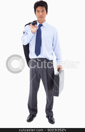 To use this stock image in your creative project, please select the size you need over to the right and click the "Add to Cart" button.
Your downloaded image will come with the Cutcaster watermark removed so don’t worry about the watermark you see on this page. Portrait of a businessman holding a briefcase and his jacket ove stock photo, Portrait of a businessman holding a briefcase and his jacket over his shoulder against a white background by Wavebreak Media