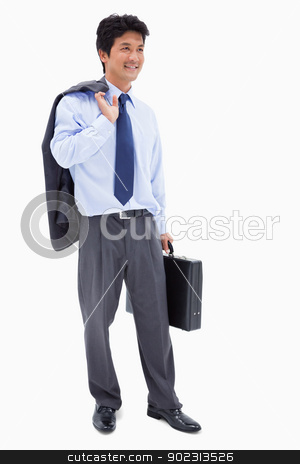 To use this stock image in your creative project, please select the size you need over to the right and click the "Add to Cart" button.
Your downloaded image will come with the Cutcaster watermark removed so don’t worry about the watermark you see on this page. Portrait of a smiling businessman holding a briefcase and his ja stock photo, Portrait of a smiling businessman holding a briefcase and his jacket over his shoulder against a white background by Wavebreak Media