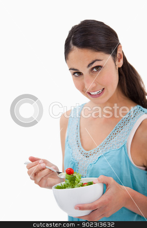 To use this stock image in your creative project, please select the size you need over to the right and click the "Add to Cart" button.
Your downloaded image will come with the Cutcaster watermark removed so don’t worry about the watermark you see on this page. Portrait of a brunette woman eating a salad stock photo, Portrait of a brunette woman eating a salad against a white background by Wavebreak Media