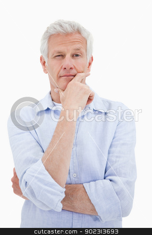 To use this stock image in your creative project, please select the size you need over to the right and click the "Add to Cart" button.
Your downloaded image will come with the Cutcaster watermark removed so don’t worry about the watermark you see on this page. Portrait of a thoughtful mature man stock photo, Portrait of a thoughtful mature man against a white background by Wavebreak Media