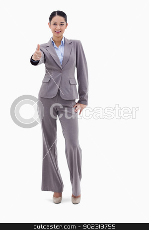 To use this stock image in your creative project, please select the size you need over to the right and click the "Add to Cart" button.
Your downloaded image will come with the Cutcaster watermark removed so don’t worry about the watermark you see on this page. Portrait of a happy businesswoman posing with the thumb up stock photo, Portrait of a happy businesswoman posing with the thumb up against a white background by Wavebreak Media