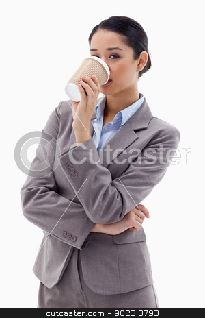 To use this stock image in your creative project, please select the size you need over to the right and click the "Add to Cart" button.
Your downloaded image will come with the Cutcaster watermark removed so don’t worry about the watermark you see on this page. Portrait of a cute businesswoman drinking a takeaway coffee stock photo, Portrait of a cute businesswoman drinking a takeaway coffee against a white background by Wavebreak Media