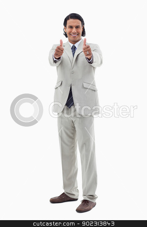 To use this stock image in your creative project, please select the size you need over to the right and click the "Add to Cart" button.
Your downloaded image will come with the Cutcaster watermark removed so don’t worry about the watermark you see on this page. Portrait of an office worker posing with the thumbs up stock photo, Portrait of an office worker posing with the thumbs up against a white background by Wavebreak Media