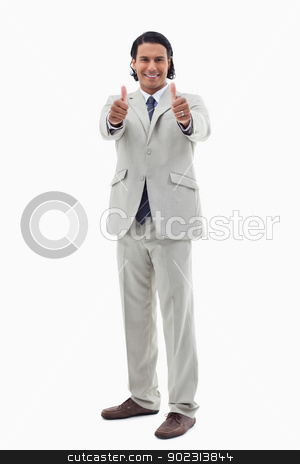 To use this stock image in your creative project, please select the size you need over to the right and click the "Add to Cart" button.
Your downloaded image will come with the Cutcaster watermark removed so don’t worry about the watermark you see on this page. Portrait of a smiling office worker posing with the thumbs up stock photo, Portrait of a smiling office worker posing with the thumbs up against a white background by Wavebreak Media