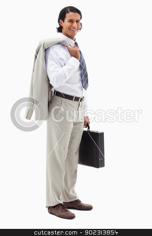 To use this stock image in your creative project, please select the size you need over to the right and click the "Add to Cart" button.
Your downloaded image will come with the Cutcaster watermark removed so don’t worry about the watermark you see on this page. Portrait of a happy office worker holding his jacket over his sh stock photo, Portrait of a happy office worker holding his jacket over his shoulder and a briefcase against a white background by Wavebreak Media
