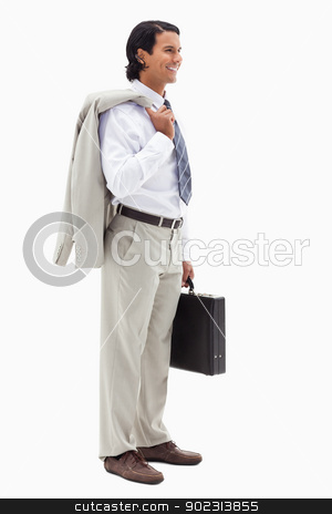 To use this stock image in your creative project, please select the size you need over to the right and click the "Add to Cart" button.
Your downloaded image will come with the Cutcaster watermark removed so don’t worry about the watermark you see on this page. Portrait of a smiling office worker holding his jacket over his stock photo, Portrait of a smiling office worker holding his jacket over his shoulder and a briefcase against a white background by Wavebreak Media