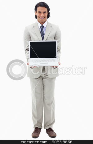 To use this stock image in your creative project, please select the size you need over to the right and click the "Add to Cart" button.
Your downloaded image will come with the Cutcaster watermark removed so don’t worry about the watermark you see on this page. Portrait of a smiling businessman showing a notebook stock photo, Portrait of a smiling businessman showing a notebook against a white background by Wavebreak Media