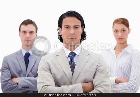 To use this stock image in your creative project, please select the size you need over to the right and click the "Add to Cart" button.
Your downloaded image will come with the Cutcaster watermark removed so don’t worry about the watermark you see on this page. Three businesspeople with folded arms stock photo, Three businesspeople with folded arms against a white background by Wavebreak Media