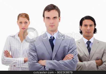 To use this stock image in your creative project, please select the size you need over to the right and click the "Add to Cart" button.
Your downloaded image will come with the Cutcaster watermark removed so don’t worry about the watermark you see on this page. Confident businesspeople with arms folded stock photo, Confident businesspeople with arms folded against a white background by Wavebreak Media