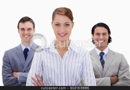 To use this stock image in your creative project, please select the size you need over to the right and click the "Add to Cart" button.
Your downloaded image will come with the Cutcaster watermark removed so don’t worry about the watermark you see on this page. Smiling businessteam with arms folded stock photo, Smiling businessteam with arms folded against a white background by Wavebreak Media