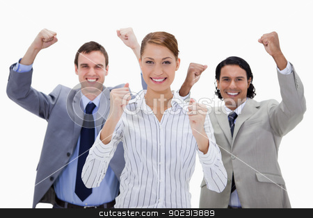 To use this stock image in your creative project, please select the size you need over to the right and click the "Add to Cart" button.
Your downloaded image will come with the Cutcaster watermark removed so don’t worry about the watermark you see on this page. Businessteam with arms raised stock photo, Businessteam with arms raised against a white background by Wavebreak Media