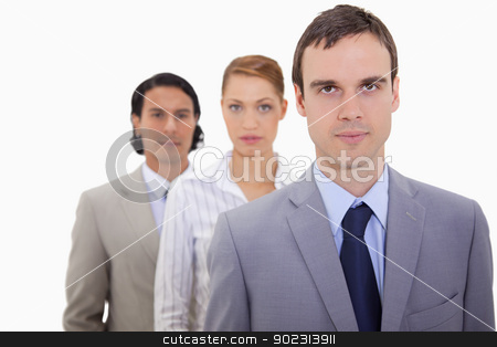 To use this stock image in your creative project, please select the size you need over to the right and click the "Add to Cart" button.
Your downloaded image will come with the Cutcaster watermark removed so don’t worry about the watermark you see on this page. Serious businessteam lined up stock photo, Serious businessteam lined up against a white background by Wavebreak Media