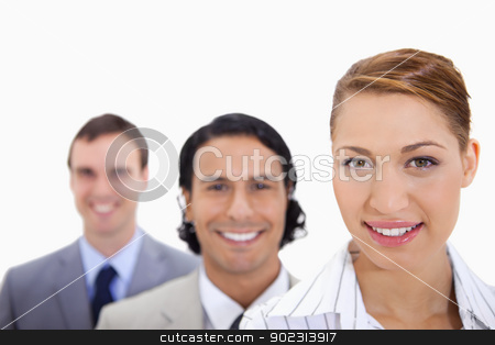 To use this stock image in your creative project, please select the size you need over to the right and click the "Add to Cart" button.
Your downloaded image will come with the Cutcaster watermark removed so don’t worry about the watermark you see on this page. Smiling businessteam standing in line stock photo, Smiling businessteam standing in line by Wavebreak Media