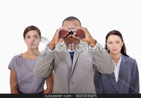 To use this stock image in your creative project, please select the size you need over to the right and click the "Add to Cart" button.
Your downloaded image will come with the Cutcaster watermark removed so don’t worry about the watermark you see on this page. Businessman with colleagues using binoculars stock photo, Businessman with colleagues using binoculars against a white background by Wavebreak Media